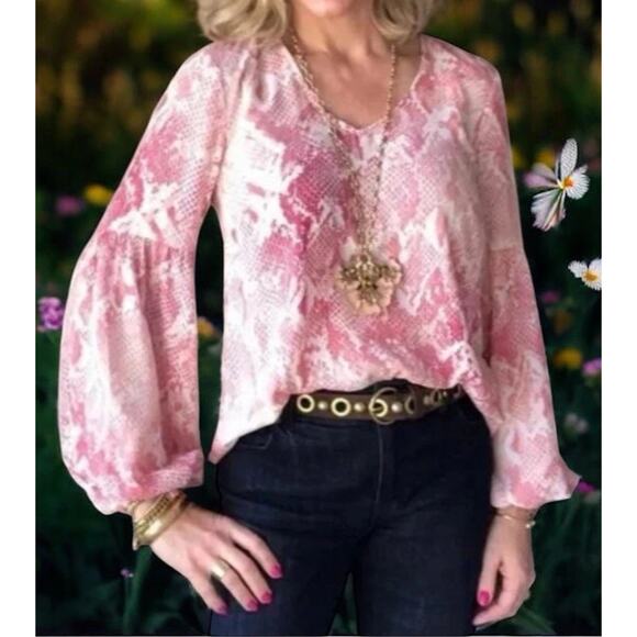 Cabi Bethany Snake Print Blouse Pink White Long Blouson Sleeve 5708 Women Large - Picture 11 of 11